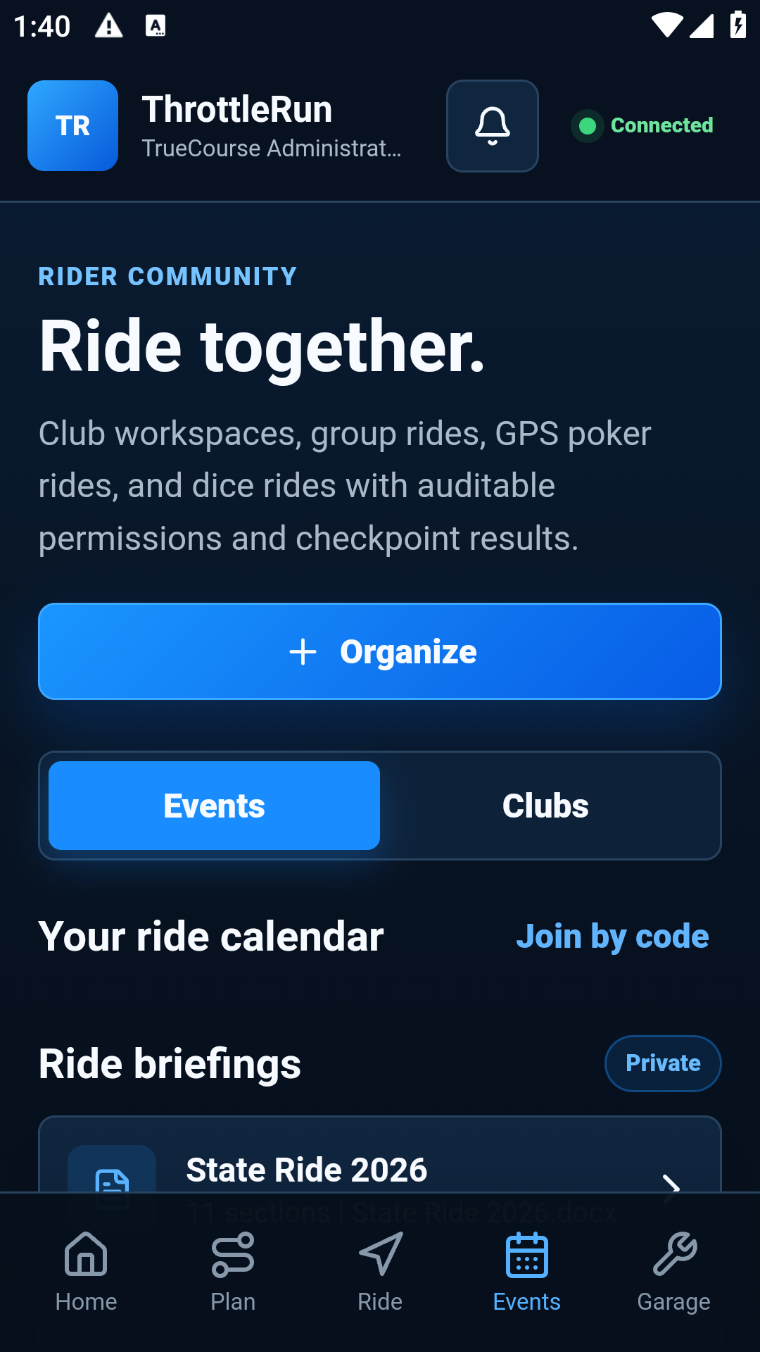 Actual ThrottleRun Ride Events Android screen