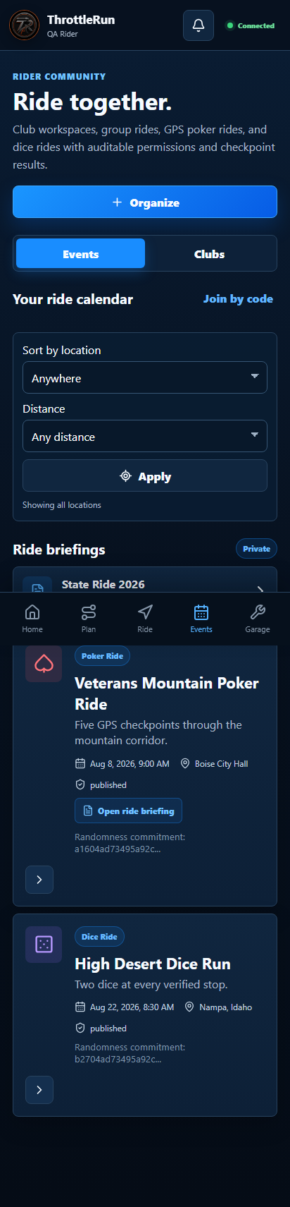 Actual ThrottleRun Ride Events screen
