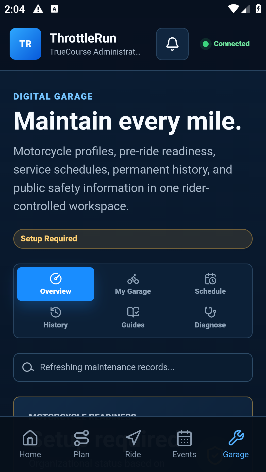 Actual ThrottleRun Maintenance Center Android screen