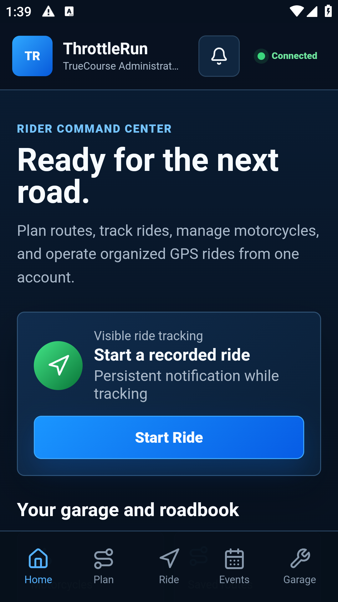 Actual ThrottleRun Android command center running in the integration test build