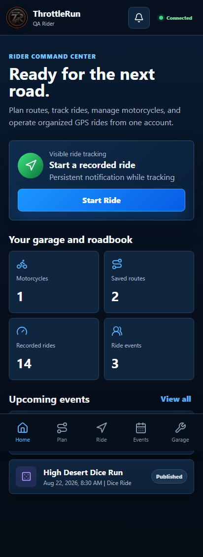 Actual ThrottleRun Rider command center screen