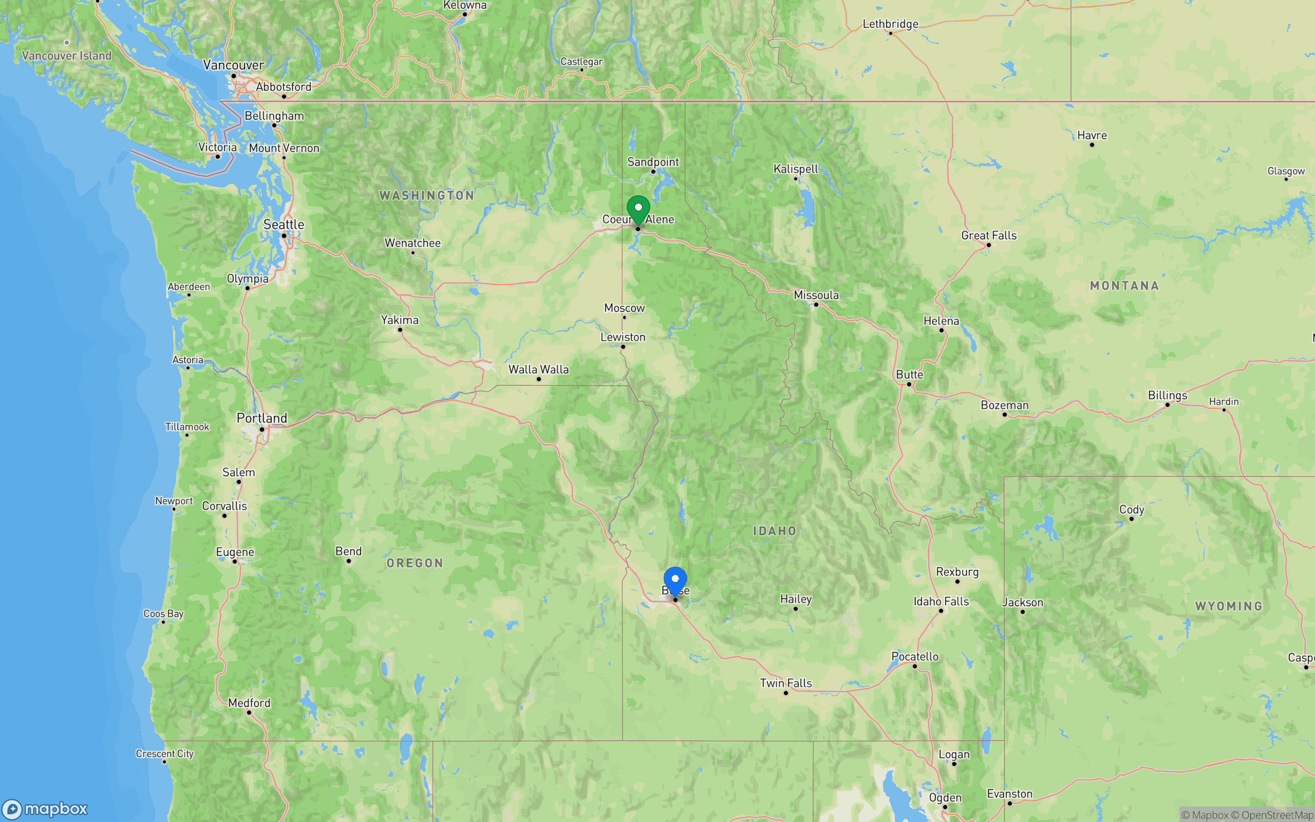 Real Mapbox road map centered on Idaho and the inland Northwest